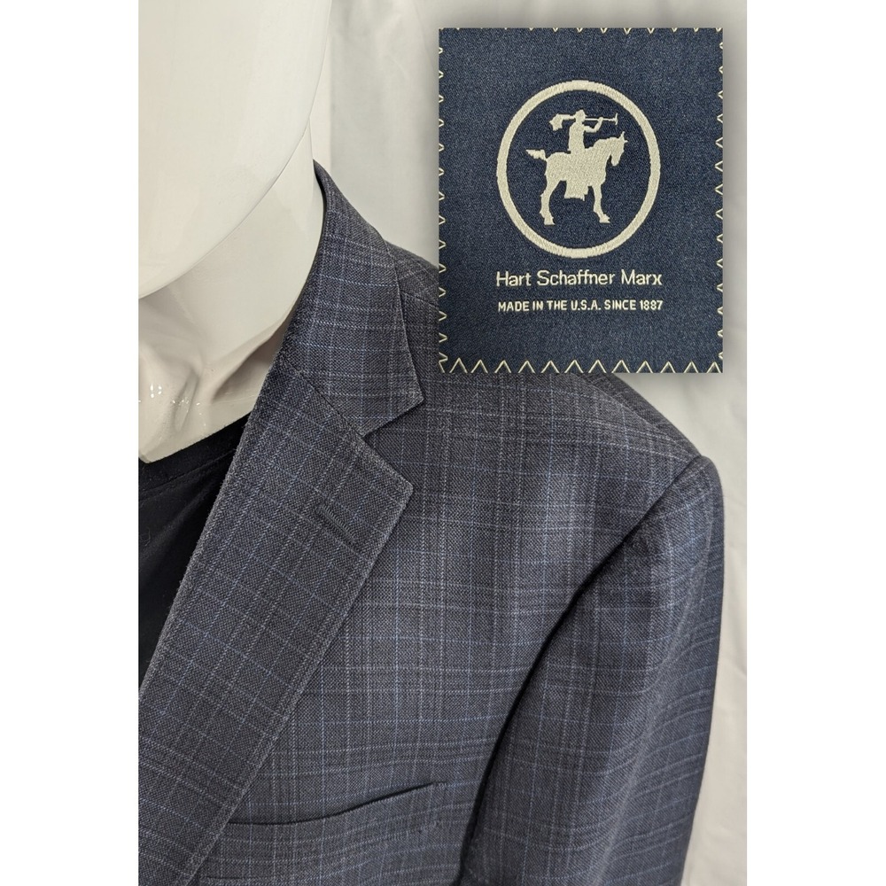Hart Schaffner MARX Wool Blazer Suit Jacket Pale Blue Wool Checked 46L 50 Chest‎